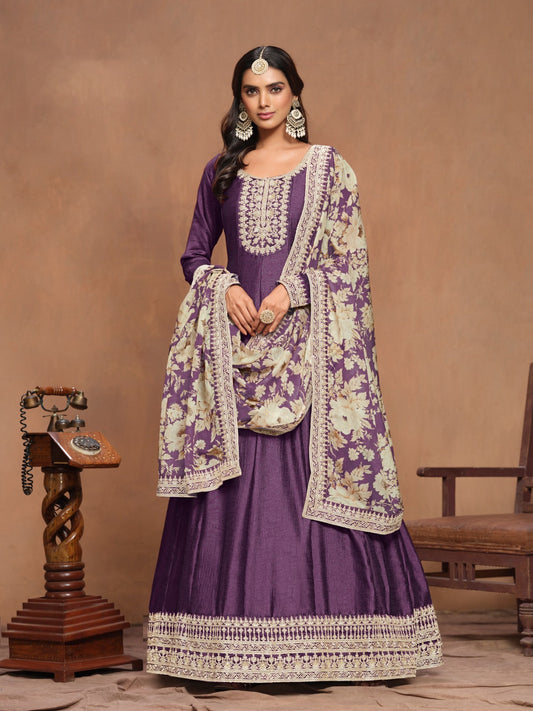 Fantastic Purple Art Silk Floor Length Suit Set