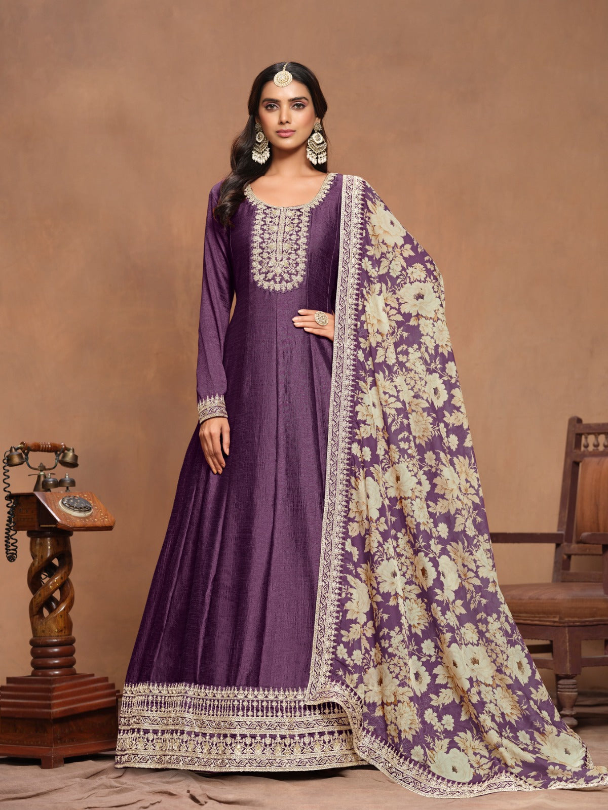 Fantastic Purple Art Silk Floor Length Suit Set