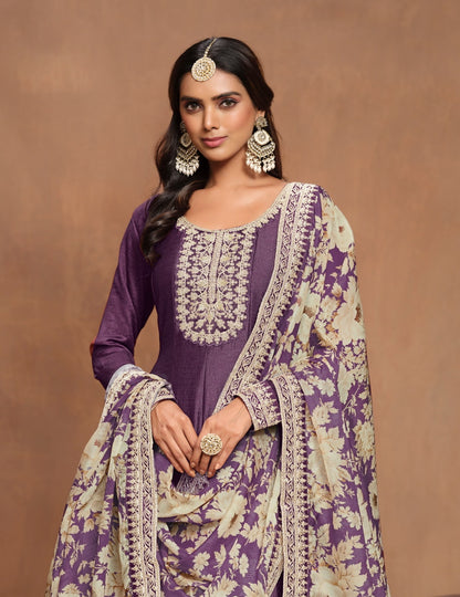 Fantastic Purple Art Silk Floor Length Suit Set