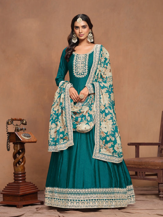 Gorgeous Teal Art Silk Floor Length Suit Set