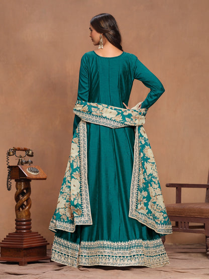 Gorgeous Teal Art Silk Floor Length Suit Set
