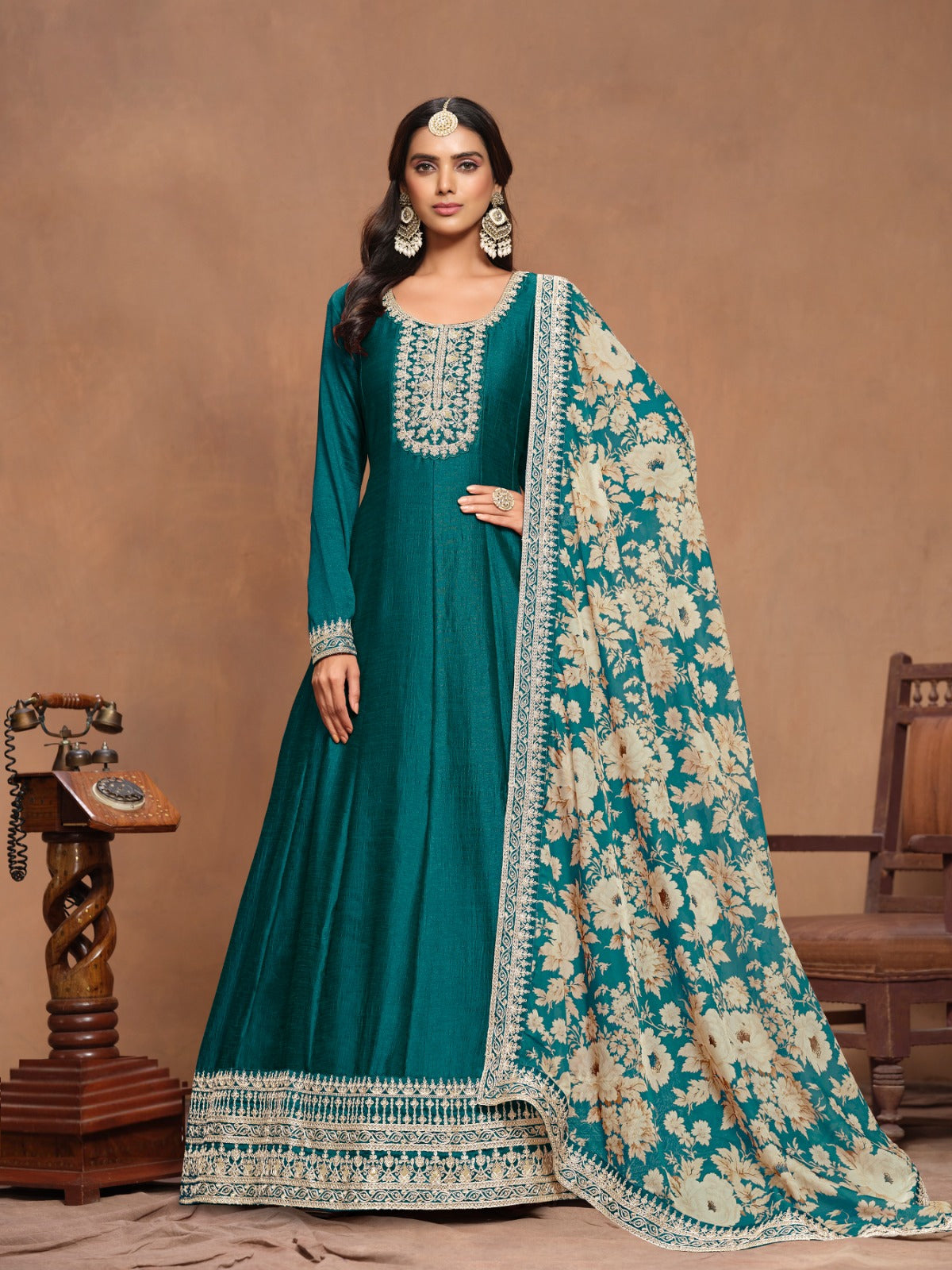 Gorgeous Teal Art Silk Floor Length Suit Set
