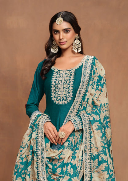 Gorgeous Teal Art Silk Floor Length Suit Set