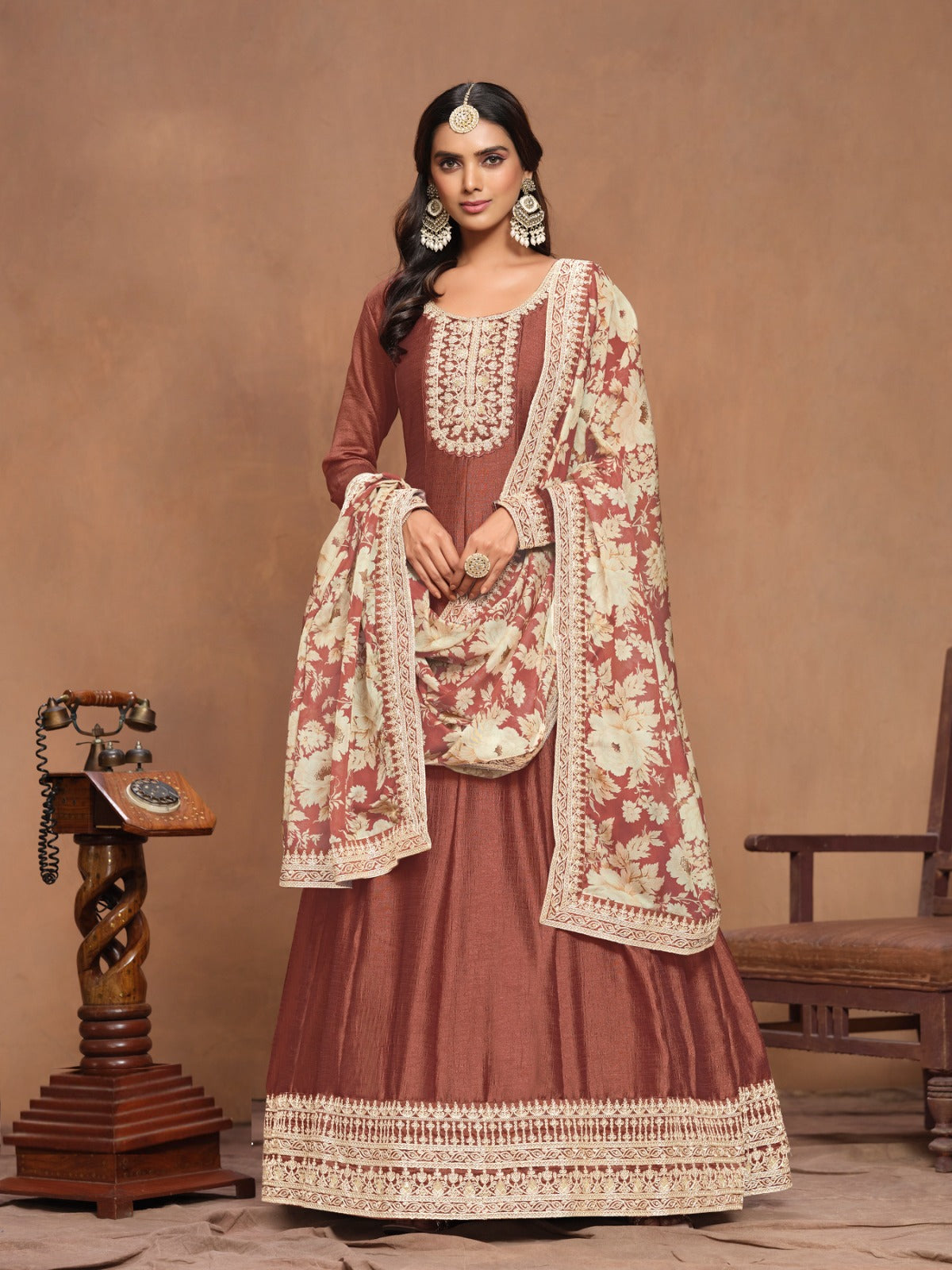 Stunnig Rust Art Silk Floor Length Suit Set