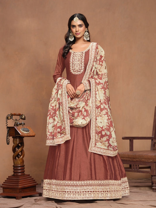 Stunnig Rust Art Silk Floor Length Suit Set