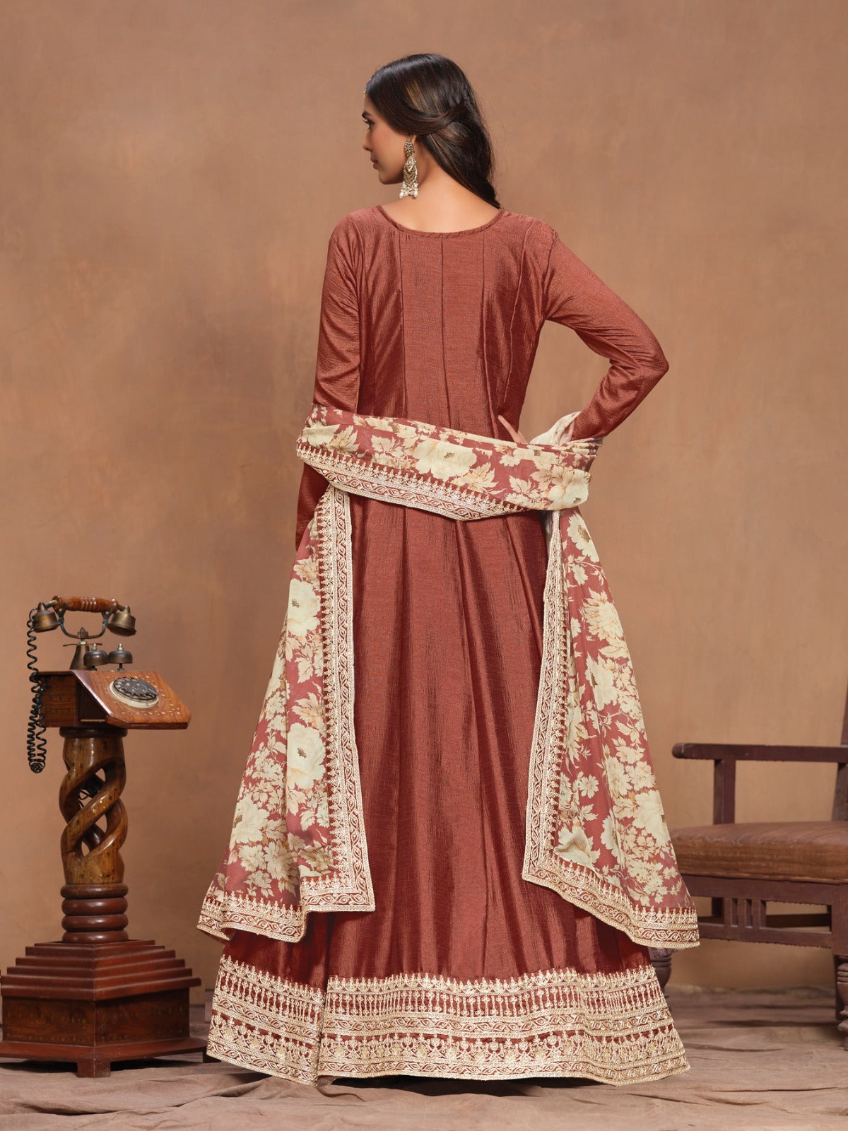 Stunnig Rust Art Silk Floor Length Suit Set