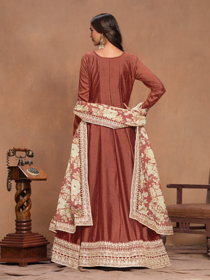 Stunnig Rust Art Silk Floor Length Suit Set