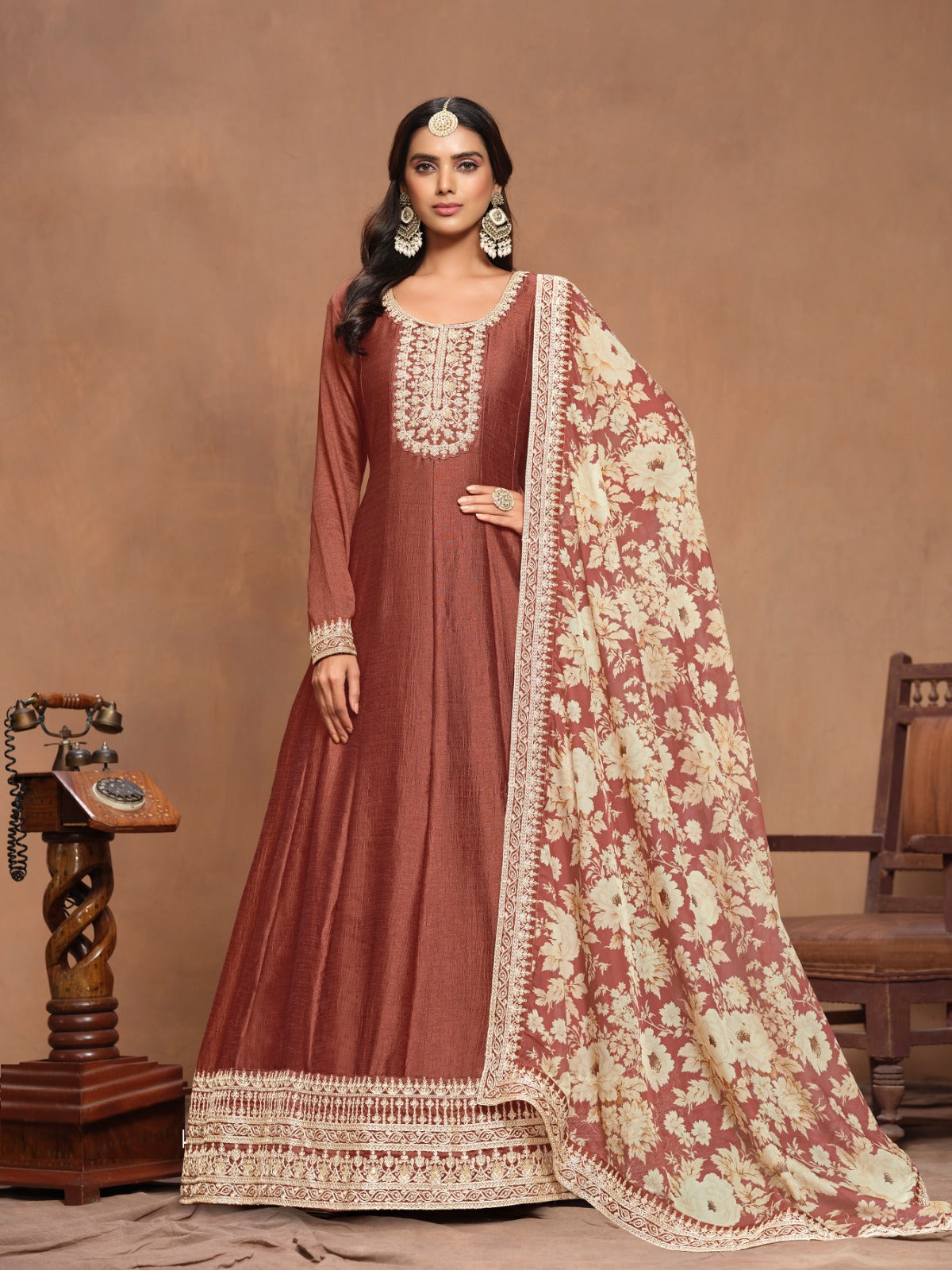 Stunnig Rust Art Silk Floor Length Suit Set