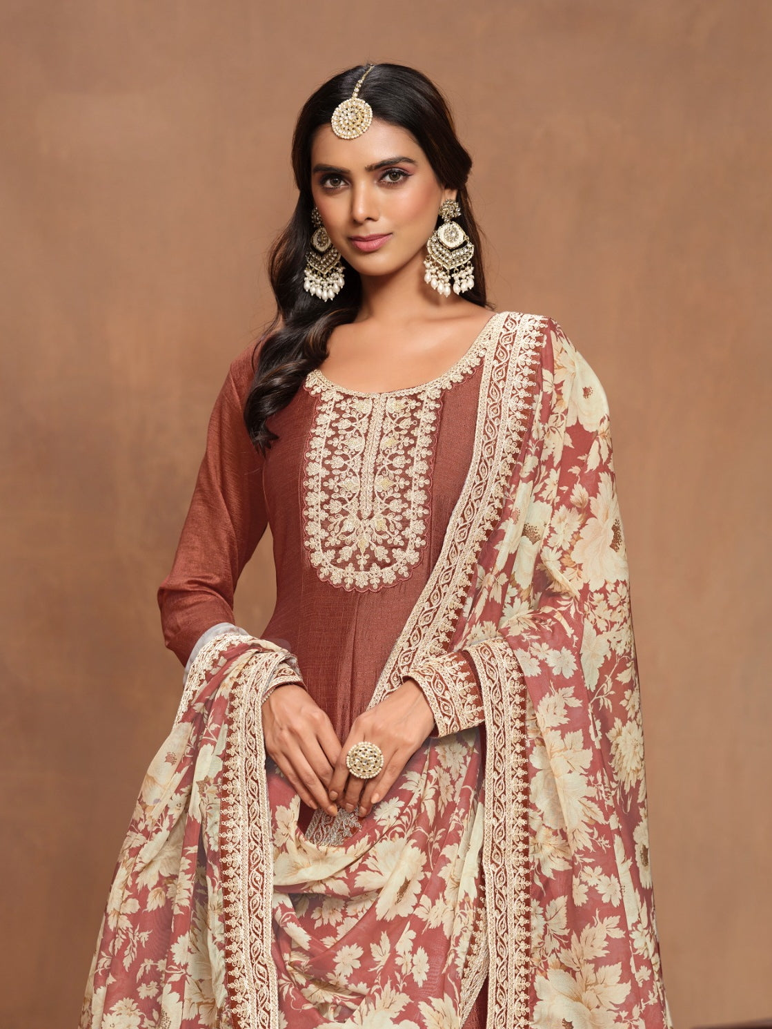 Stunnig Rust Art Silk Floor Length Suit Set