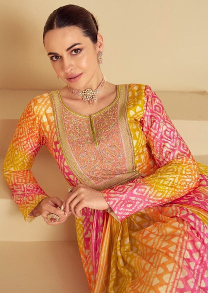 Party Wear Pink And Yellow Muslin Gown With Dupatta
