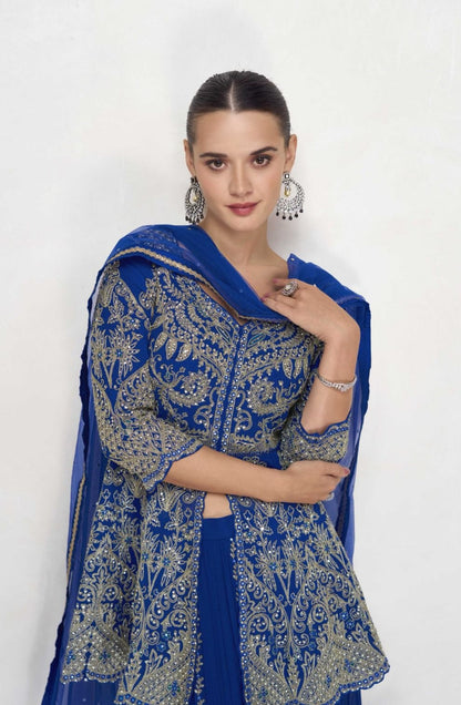 Fantastic Blue Georgette With Embroidery Work Palazzo Bottom Suit Set