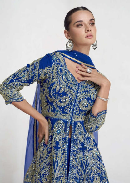 Fantastic Blue Georgette With Embroidery Work Palazzo Bottom Suit Set
