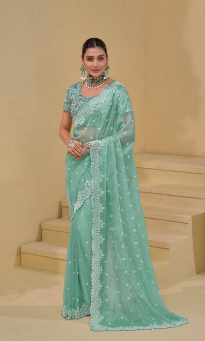 Tailored-To-Perfection Sea Blue Banarasi Bridal Saree With Cutdana Moti Sequins Work