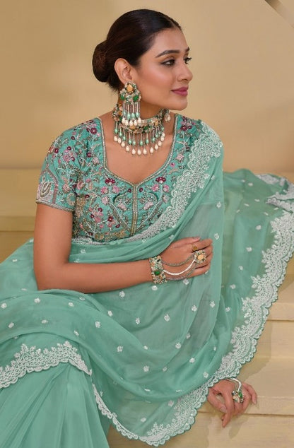 Tailored-To-Perfection Sea Blue Banarasi Bridal Saree With Cutdana Moti Sequins Work