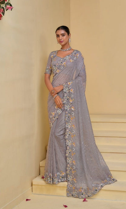 Exquisit Violet Banarasi Moti Zarkan Sequins Work Bridal Saree