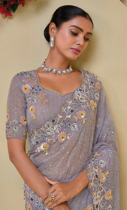 Exquisit Violet Banarasi Moti Zarkan Sequins Work Bridal Saree