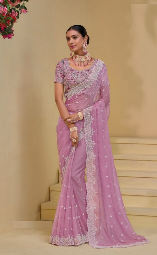 Spectacular Light Purple Banarasi Moti Mirror Sequins Work Bridal Saree