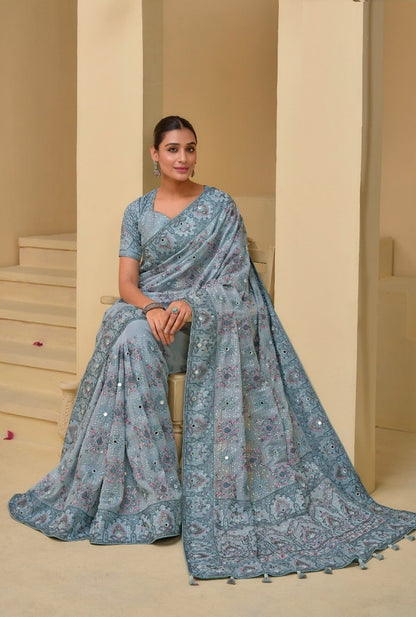 Captivating Sky Blue Banarasi Moti Mirror Sequins Work Bridal Saree