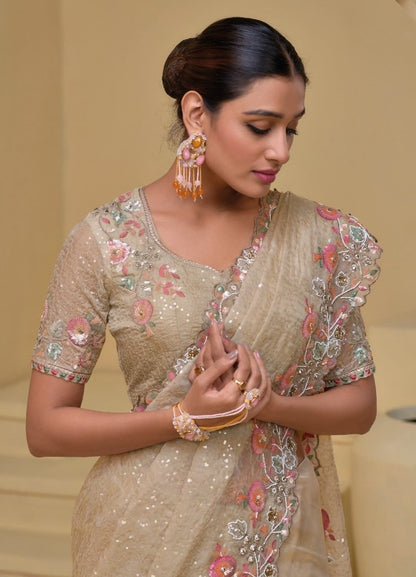 Pretty Beige Banarasi Moti Mirror Sequins Work Bridal Saree