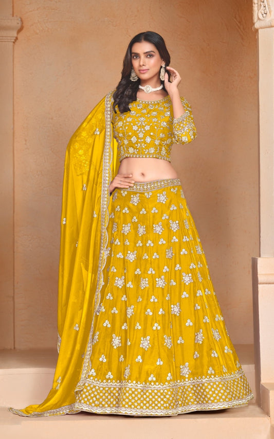 Effortless Mustard Organza Traditional Lehenga