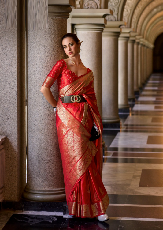 Women Red Satin Mungha Soft Silk Saree
