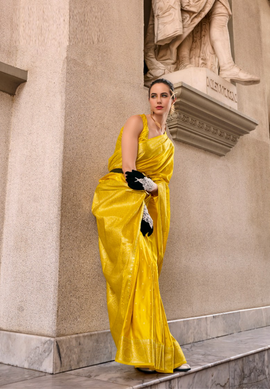 Women Mustard Satin Mungha Soft Silk Saree