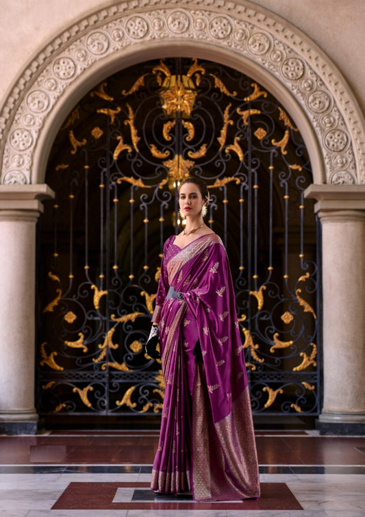 Women Purple Satin Mungha Soft Silk Saree