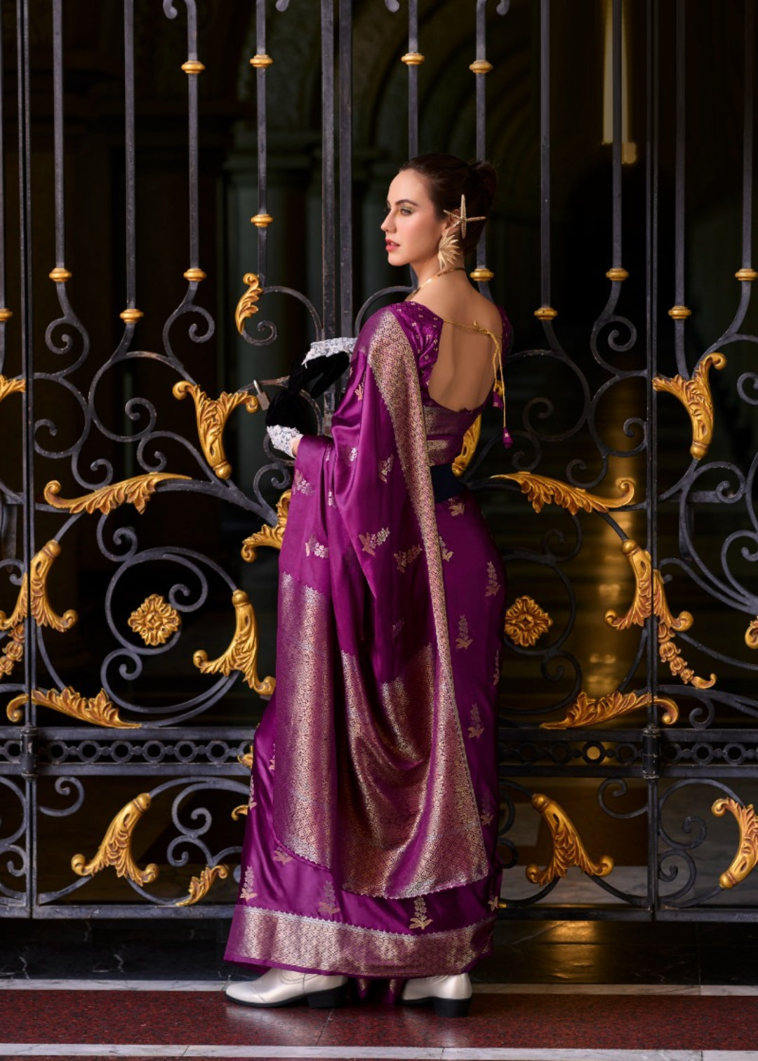 Women Purple Satin Mungha Soft Silk Saree