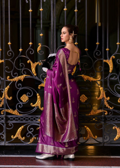 Women Purple Satin Mungha Soft Silk Saree