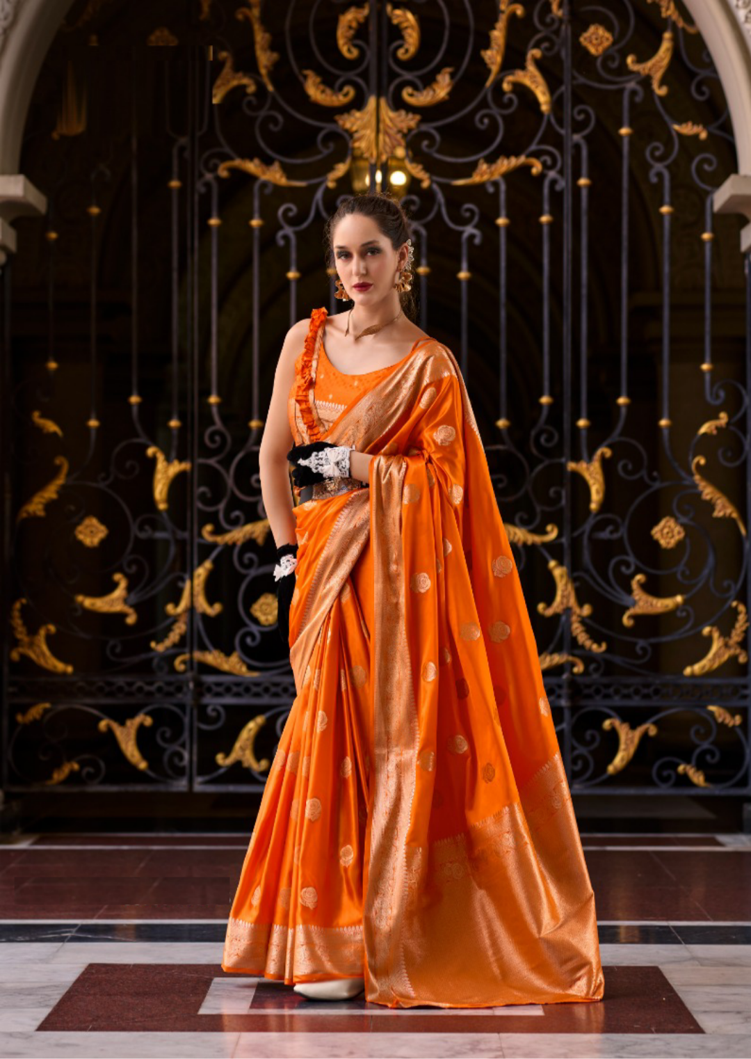 Women Orange Satin Mungha Soft Silk Saree