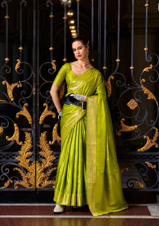 Women Green Satin Mungha Soft Silk Saree