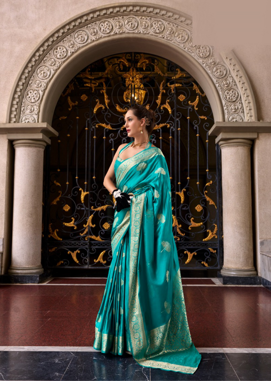 Women Teal Satin Mungha Soft Silk Saree