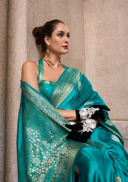 Women Teal Satin Mungha Soft Silk Saree