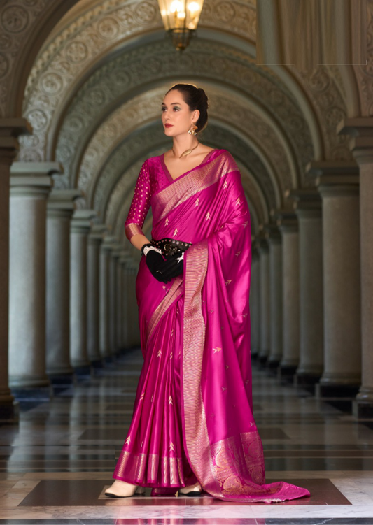 Women Pink Satin Mungha Soft Silk Saree