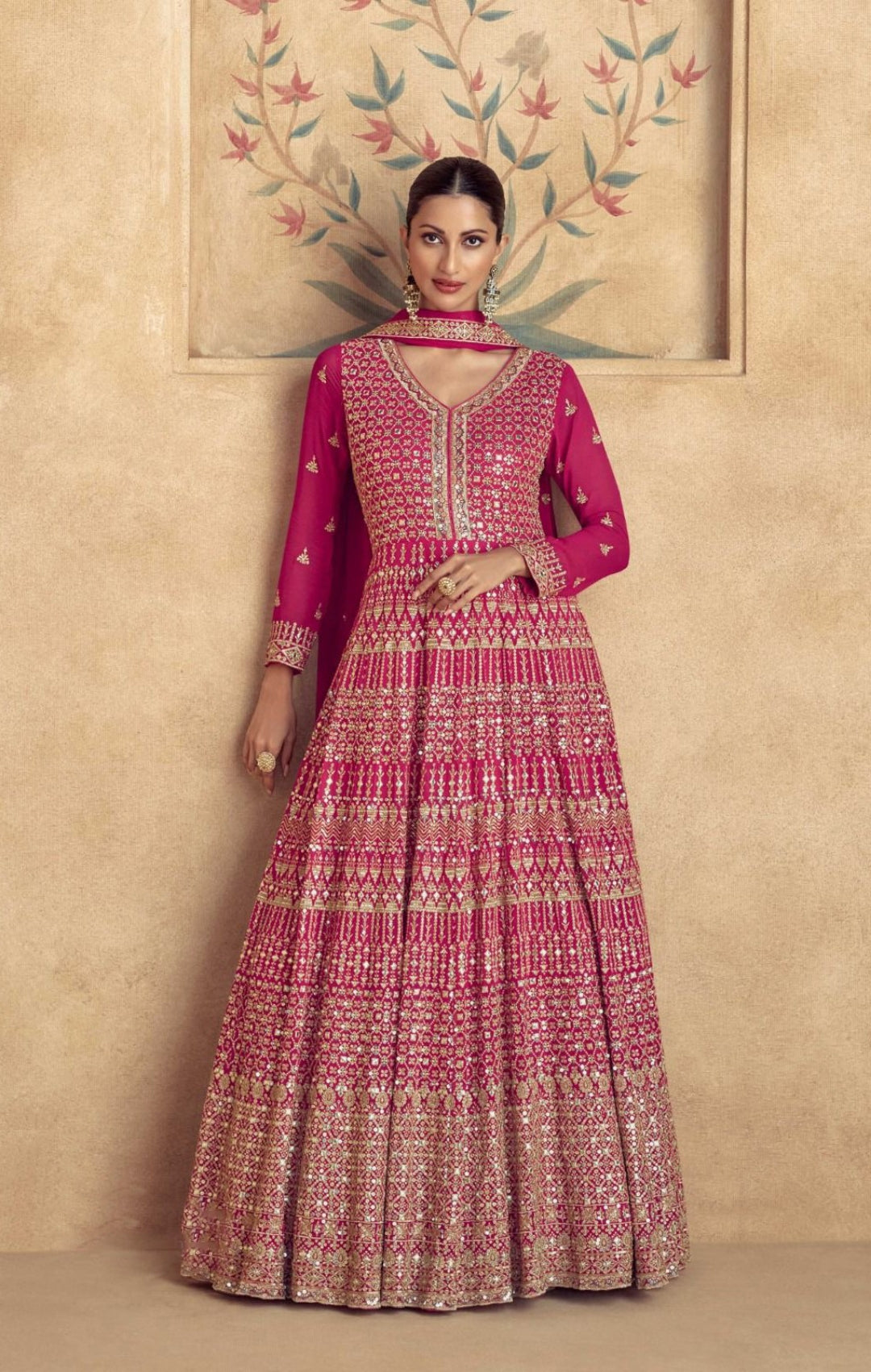 Attractive Pink Georgette Embroidery Gown With Dupatta