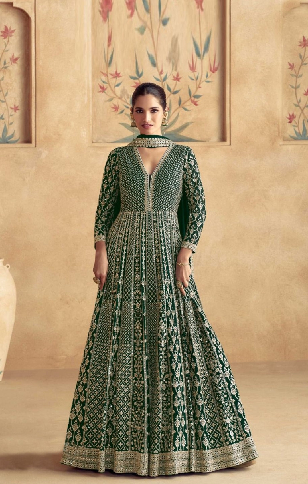Embroidery Green Georgette Gown With Dupatta
