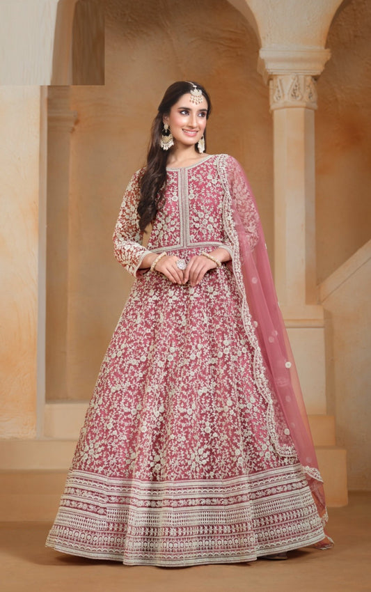 Women Pink Net Floor Length Suit Set