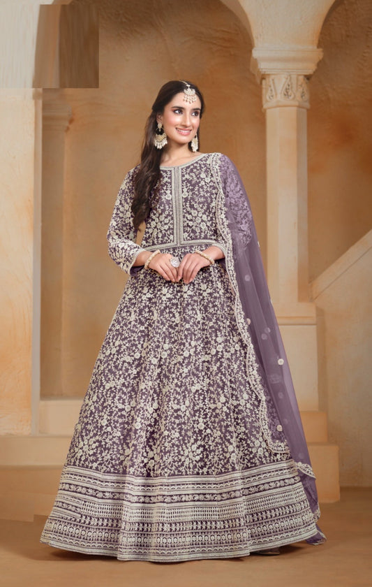 Women Violet Net Floor Length Suit Set