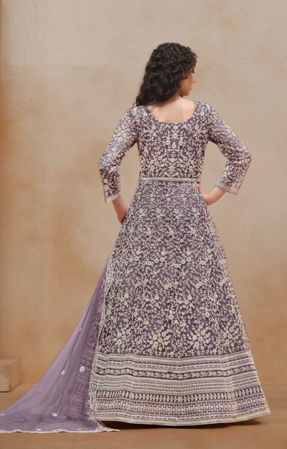 Women Violet Net Floor Length Suit Set