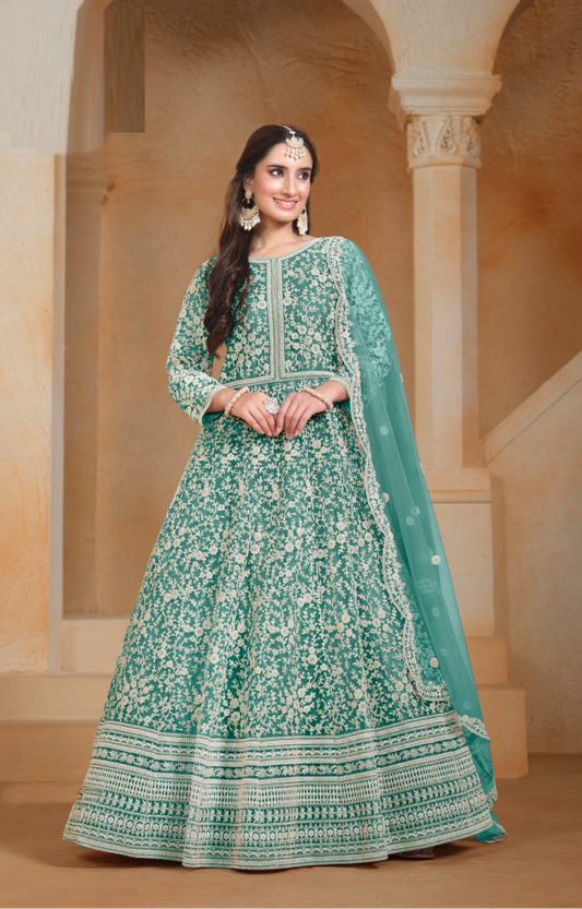 Women Rama Green Net Floor Length Suit Set