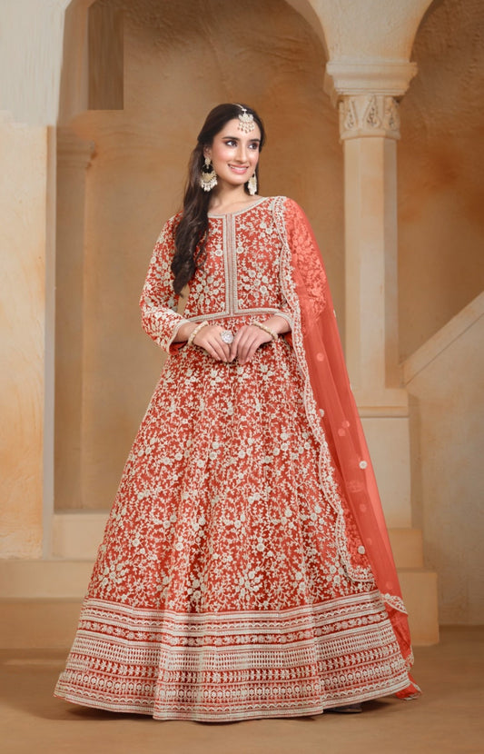 Women Peach Net Floor Length Suit Set