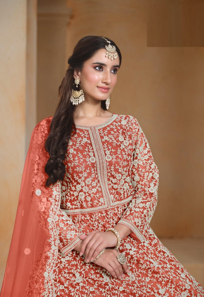 Women Peach Net Floor Length Suit Set