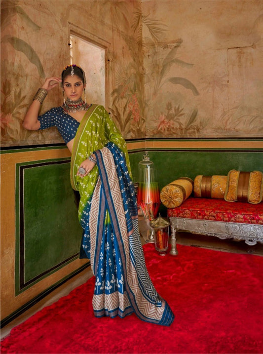 Green And Blue Silk Printed Saree
