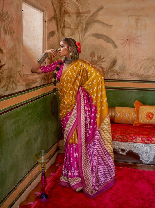 Women Mustard And Pink Silk Printed Saree