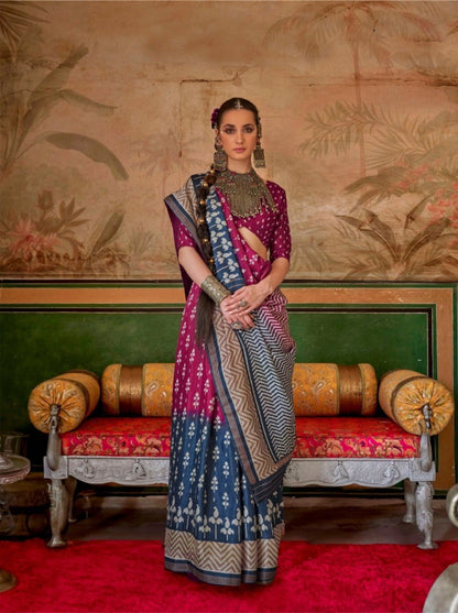 Fashionable Burgundy And Blue Silk Printed Saree
