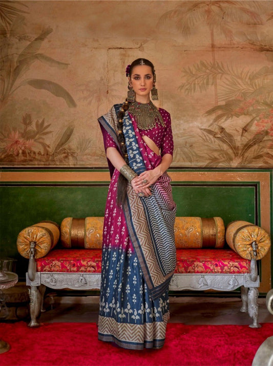 Fashionable Burgundy And Blue Silk Printed Saree