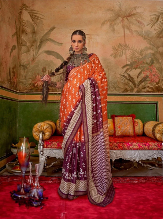 Elegant Wine And Rust Silk Printed Saree