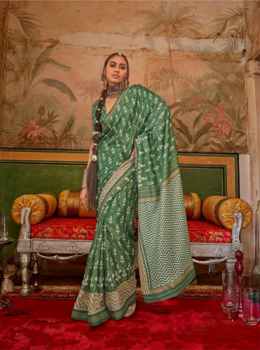 Women Green Silk Printed Saree