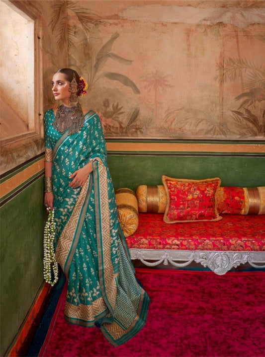 Classic Teal Silk Printed Saree