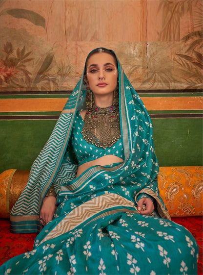 Classic Teal Silk Printed Saree